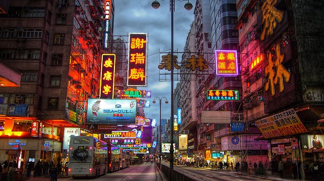 Nathan road, Kowloon. Hong Kong. China. Neon. Street. Evening.