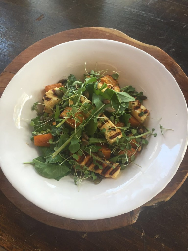 Spinach, rcoket and grilled haloumi salad with honey and cinnamon roasted butternut and crunchy pumpkin seeds. 