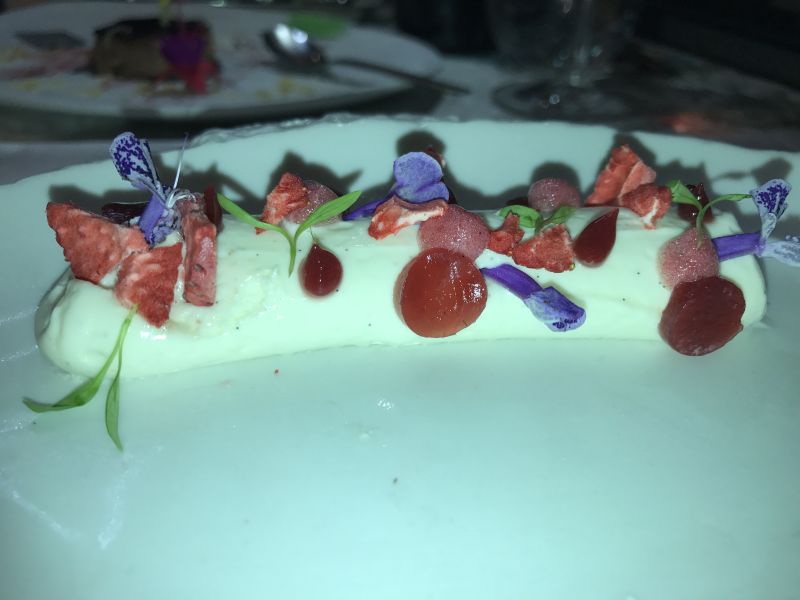 No-bake vanilla cheesecake with raspberry gelee and strawberry foam