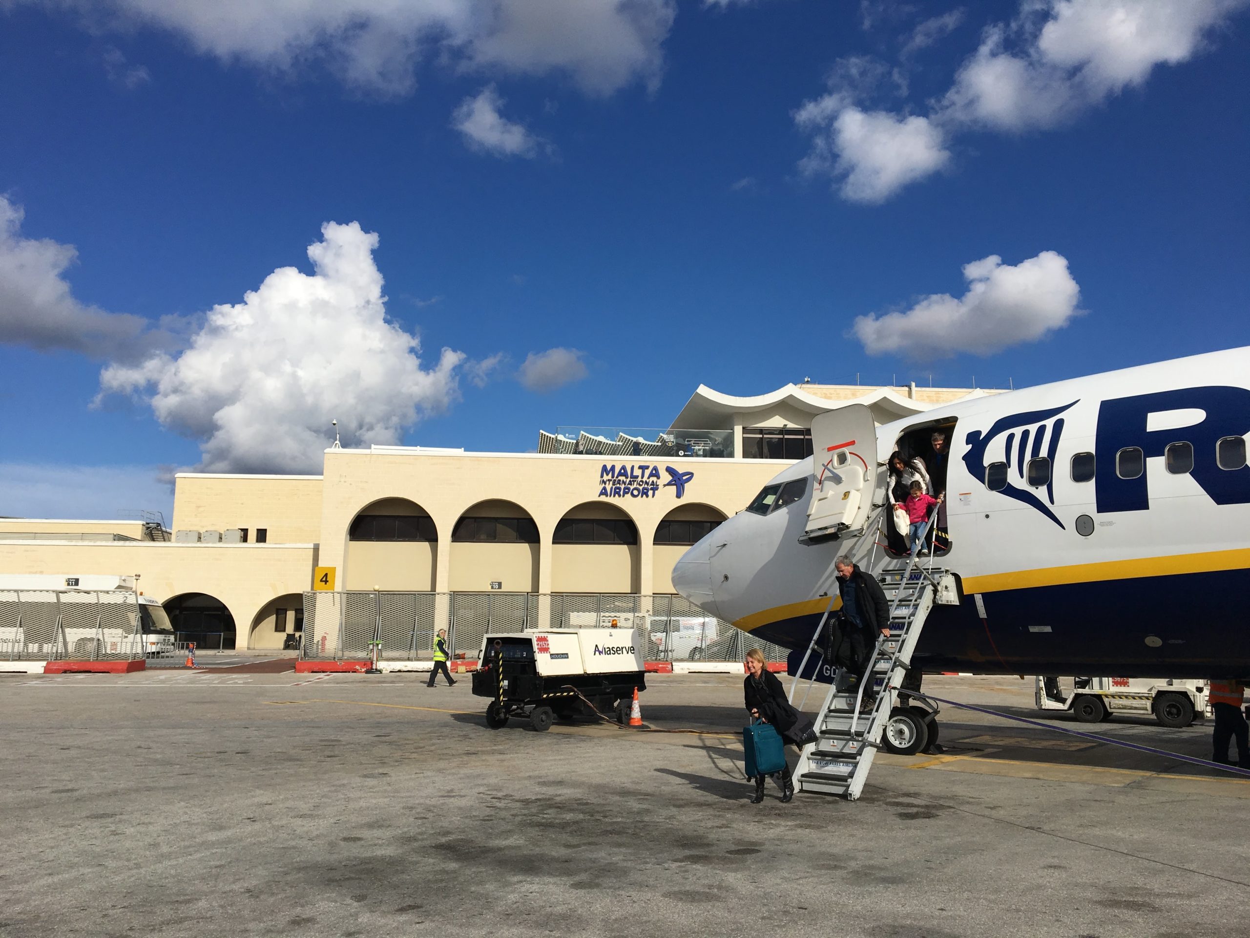 Ryan Air arrives at Malta Airport.