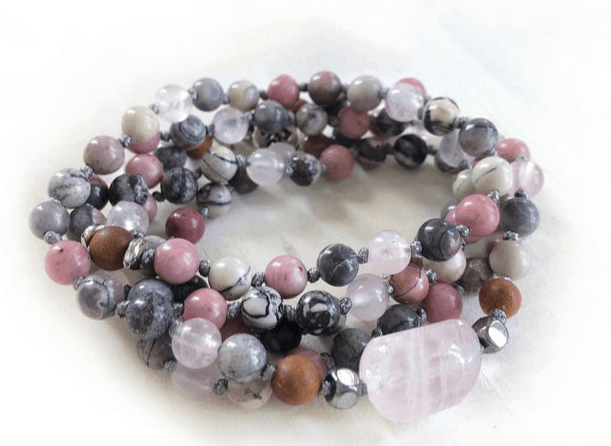 Mala Beads - Connect With Mother Earth - Rhodonite, Porcelain Jasper, Rose Quartz Mala - Removable Tassel - Wrap Mala